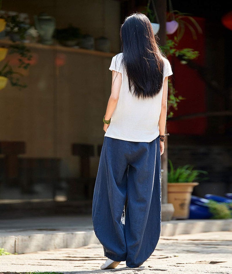 IXIMO Women's Casual Cotton Linen Baggy Pants with Elastic Waist Relax Fit Lantern Trousers Navy Blue L - Image 3